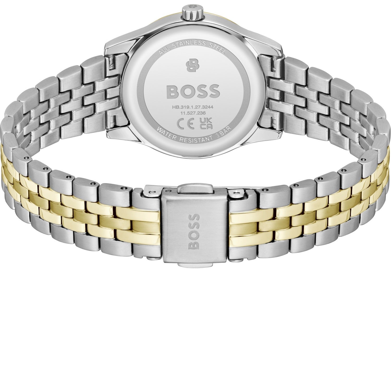 Damenarmbanduhr: Gehäuseboden mit BOSS-Logo und bicolor Edelstahlgliederarmband