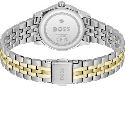 Damenarmbanduhr: Gehäuseboden mit BOSS-Logo und bicolor Edelstahlgliederarmband