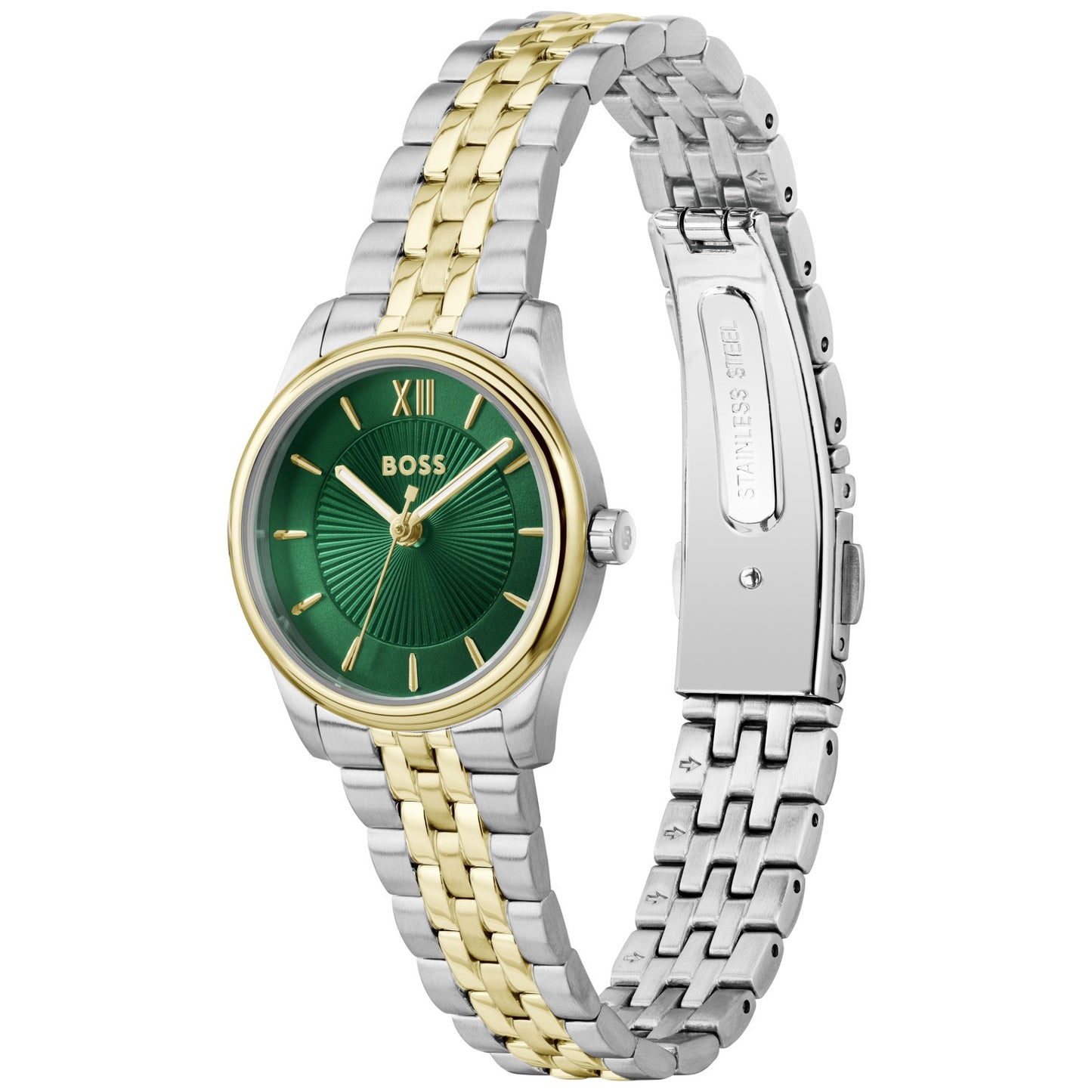 Damenarmbanduhr mit grünem Zifferblatt, römischen Ziffern und bicolor Edelstahlband