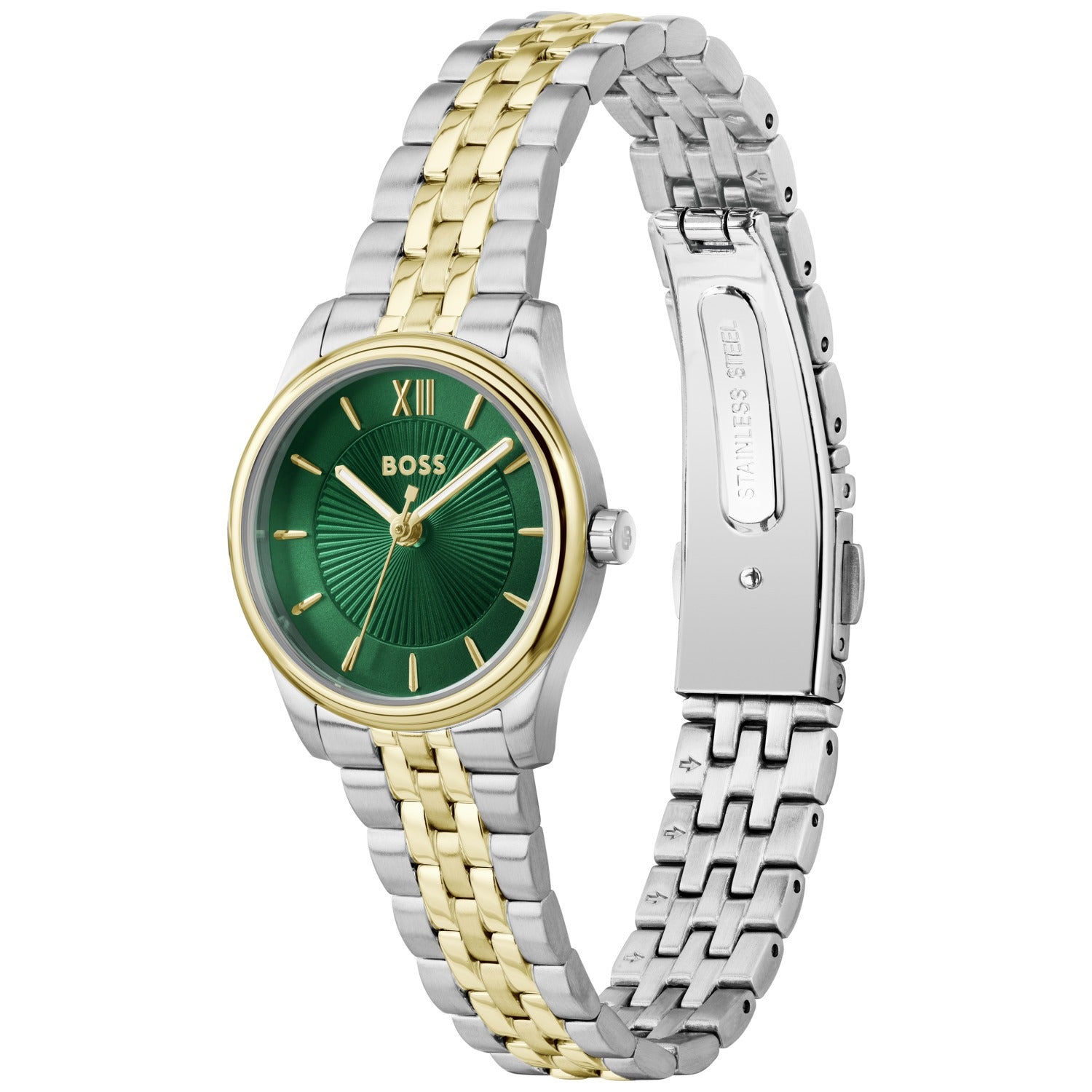 Damenarmbanduhr mit grünem Zifferblatt, römischen Ziffern und bicolor Edelstahlband