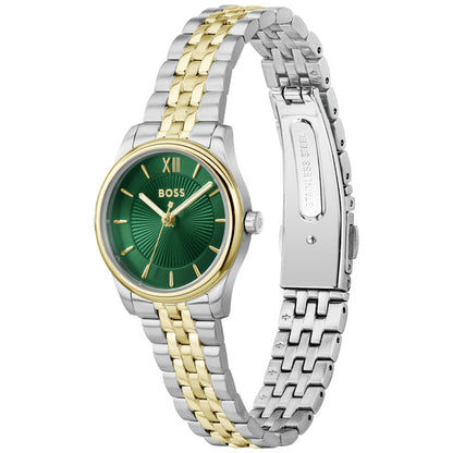 Damenarmbanduhr mit grünem Zifferblatt, römischen Ziffern und bicolor Edelstahlband