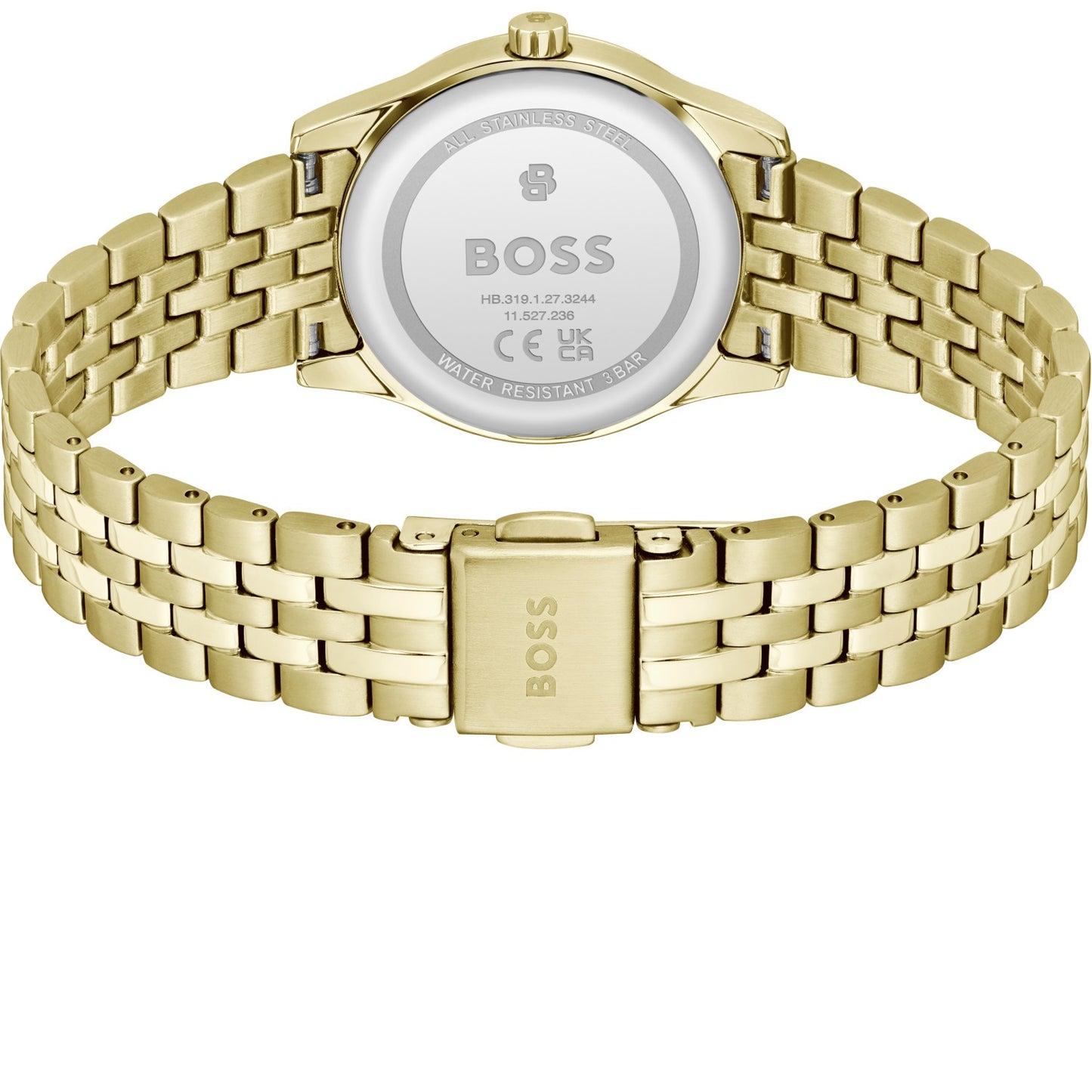 BOSS Damenarmbanduhr: Gehäuseboden mit Gravur, goldfarbenes Gliederarmband und Schließe.