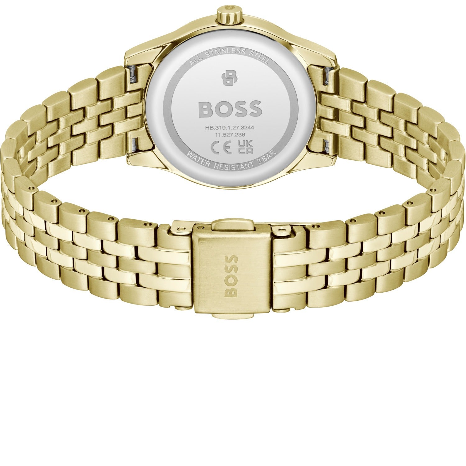 BOSS Damenarmbanduhr: Gehäuseboden mit Gravur, goldfarbenes Gliederarmband und Schließe.