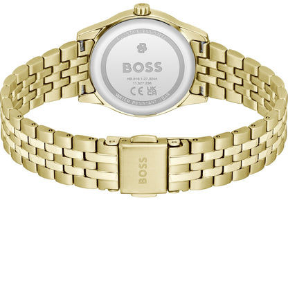 BOSS Damenarmbanduhr: Gehäuseboden mit Gravur, goldfarbenes Gliederarmband und Schließe.