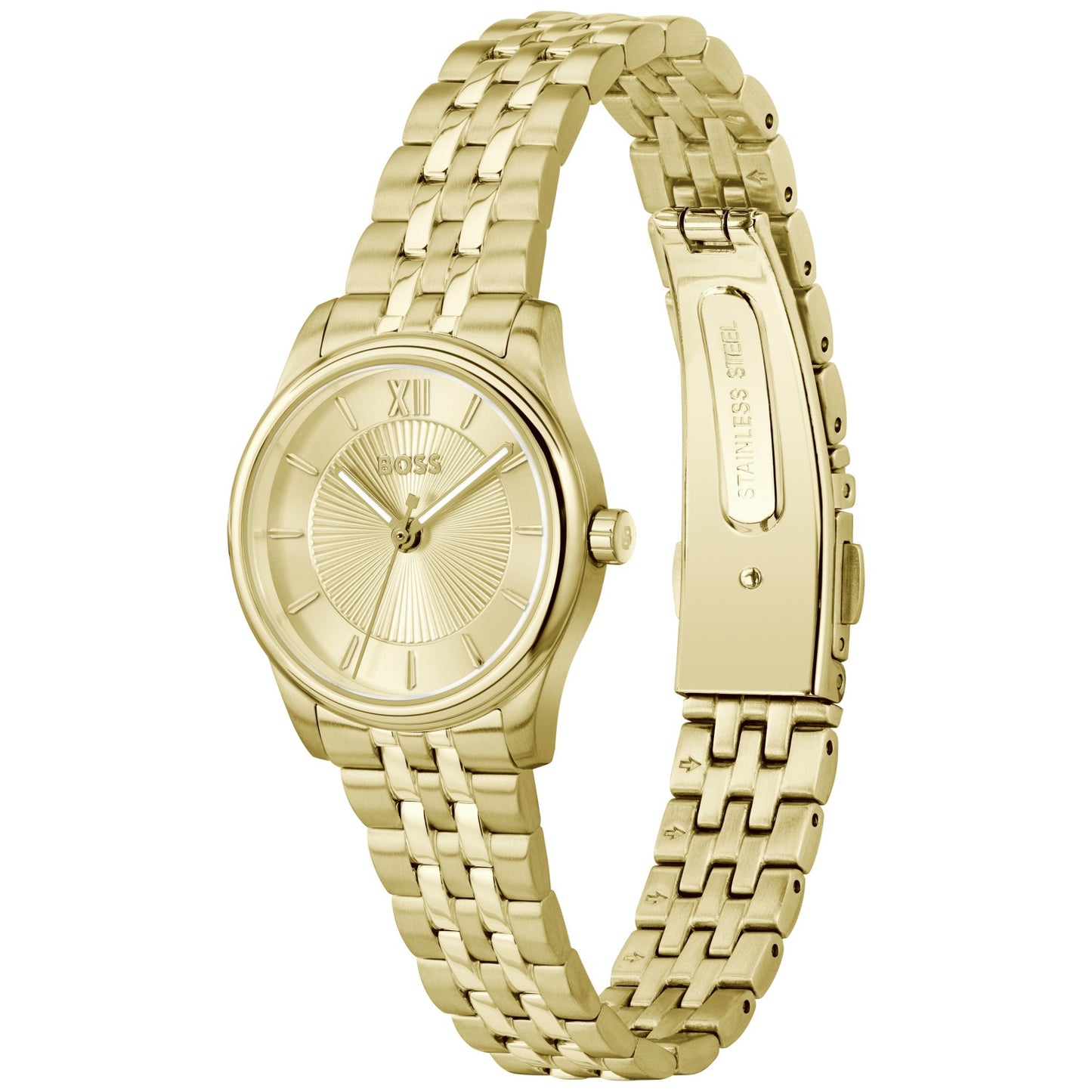 BOSS Damenarmbanduhr: goldfarbenes rundes Zifferblatt mit römischen Ziffern und Metallarmband.