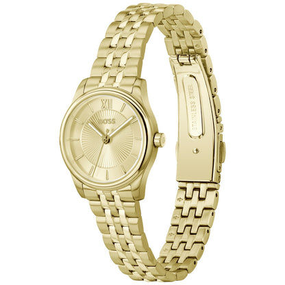 BOSS Damenarmbanduhr: goldfarbenes rundes Zifferblatt mit römischen Ziffern und Metallarmband.