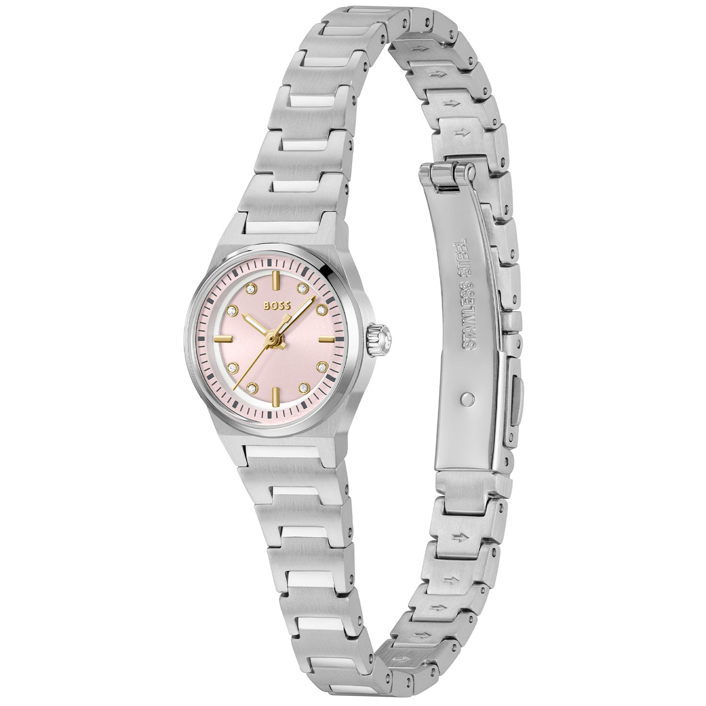 BOSS Damenarmbanduhr mit silbernem Metallarmband und rundem rosafarbenem Zifferblatt