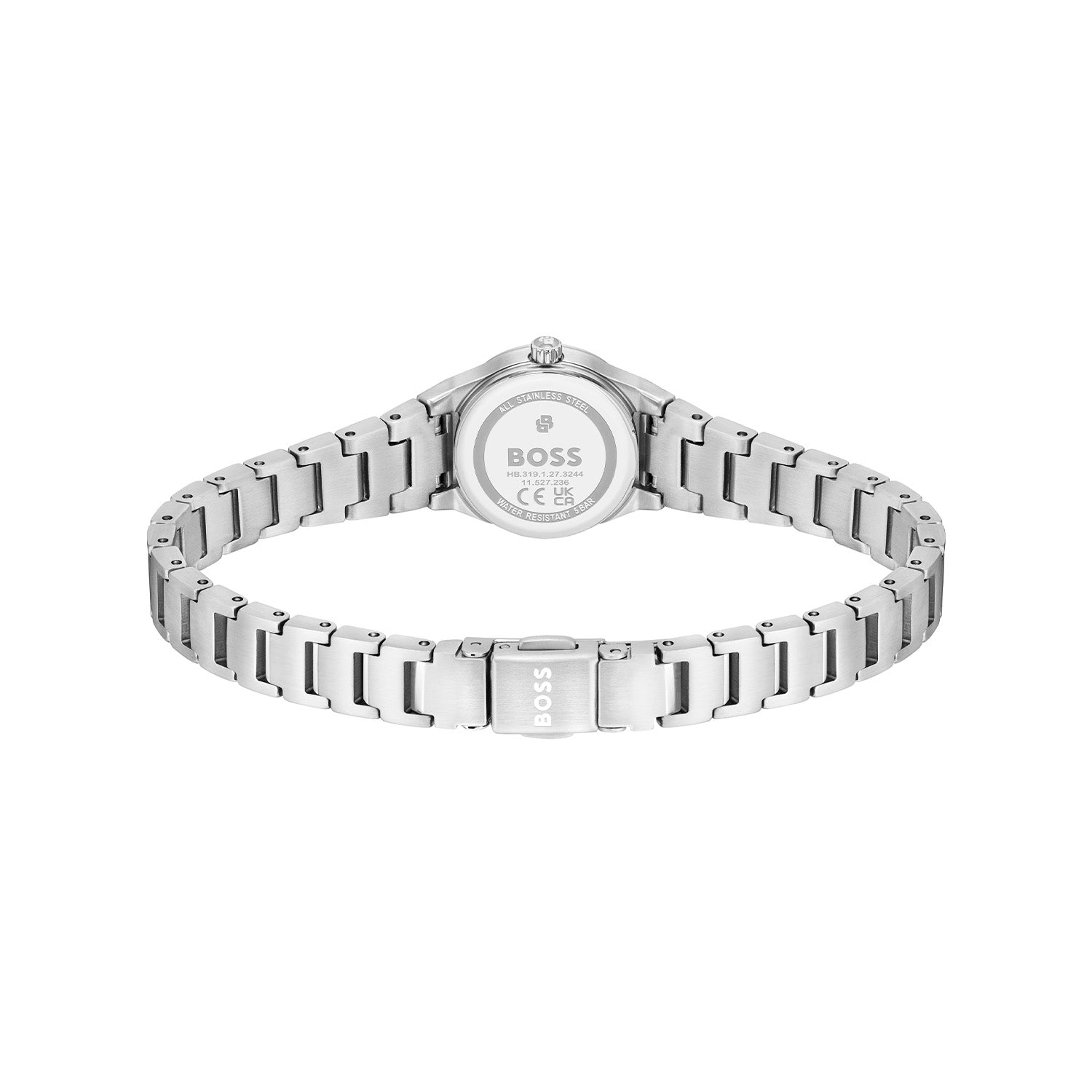 Damenarmbanduhr mit silbernem Metallarmband von hinten, rundes Gehäuse