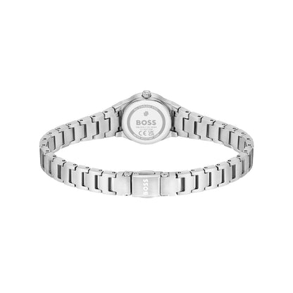 Damenarmbanduhr mit silbernem Metallarmband von hinten, rundes Gehäuse