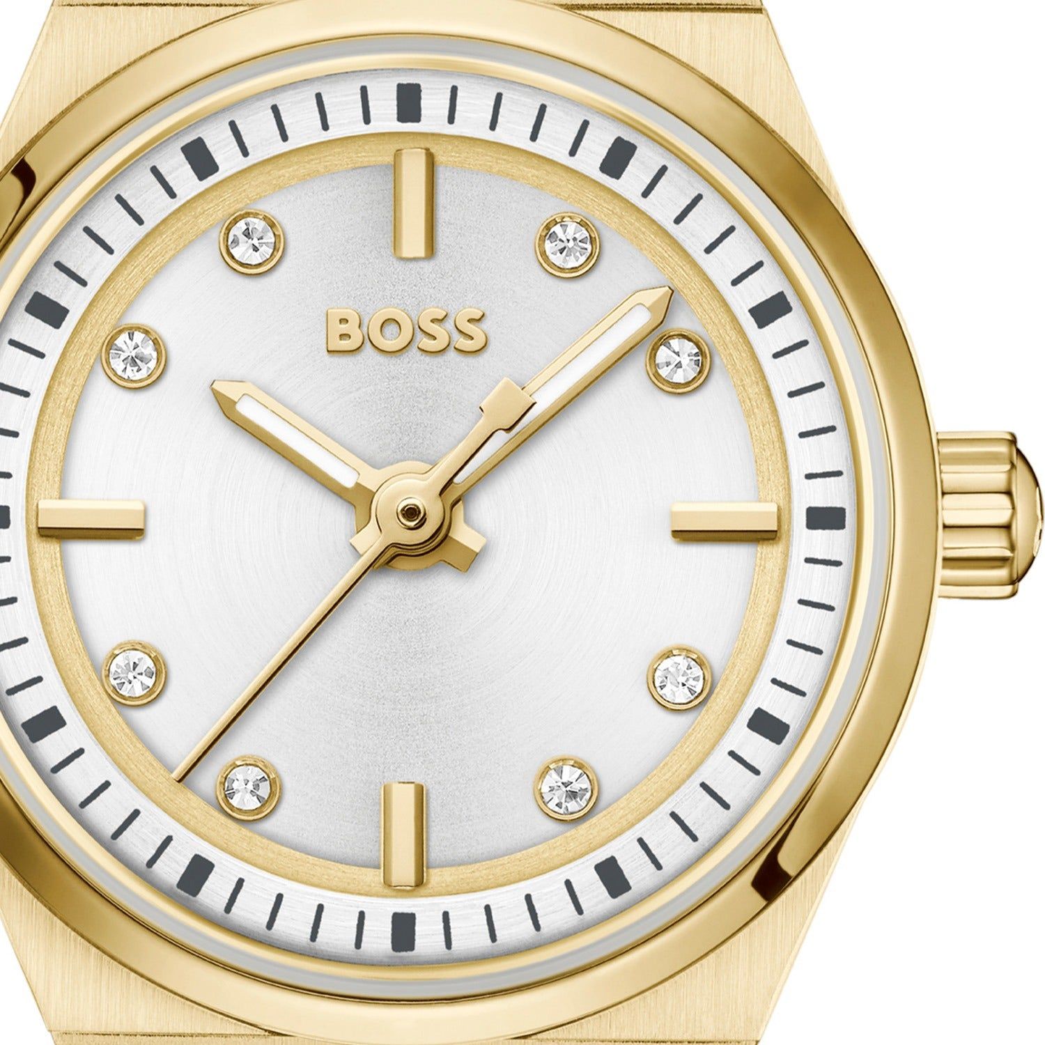 BOSS Armbanduhr mit goldenem Gehäuse, weißem Zifferblatt und runden Indizes