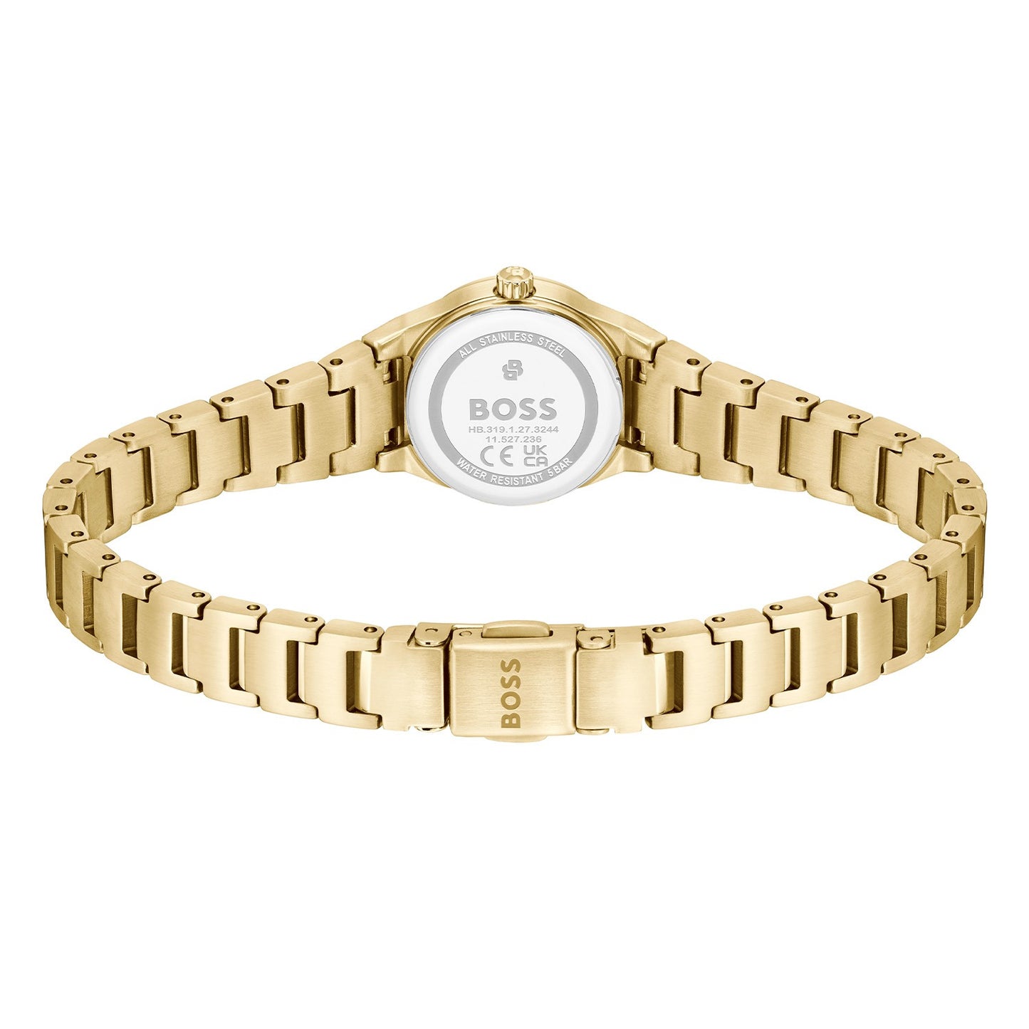 Damen-Armbanduhr mit goldfarbenem Metallarmband, Rückseite mit BOSS-Prägung