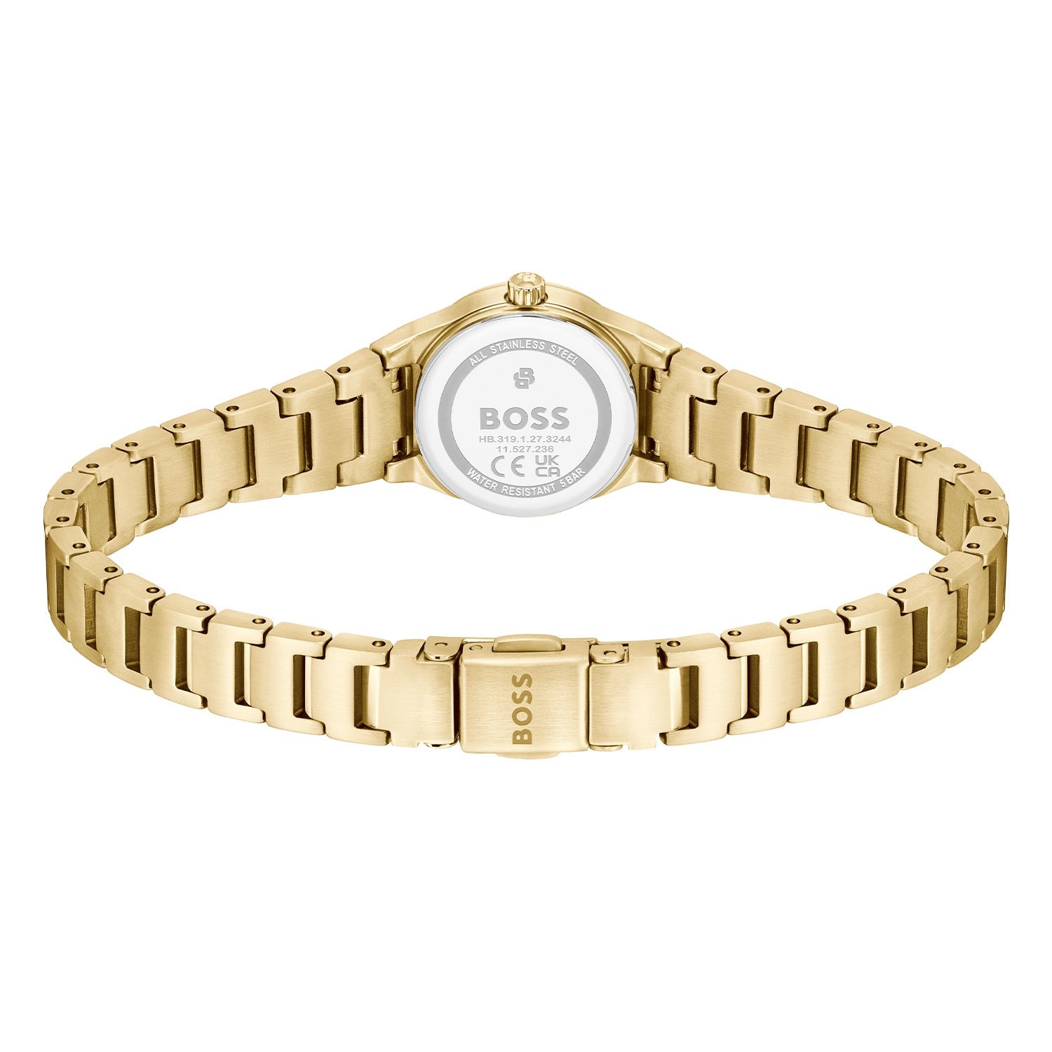 Damen-Armbanduhr mit goldfarbenem Metallarmband, Rückseite mit BOSS-Prägung