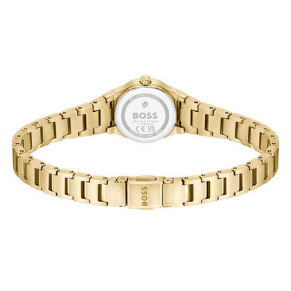 Damen-Armbanduhr mit goldfarbenem Metallarmband, Rückseite mit BOSS-Prägung
