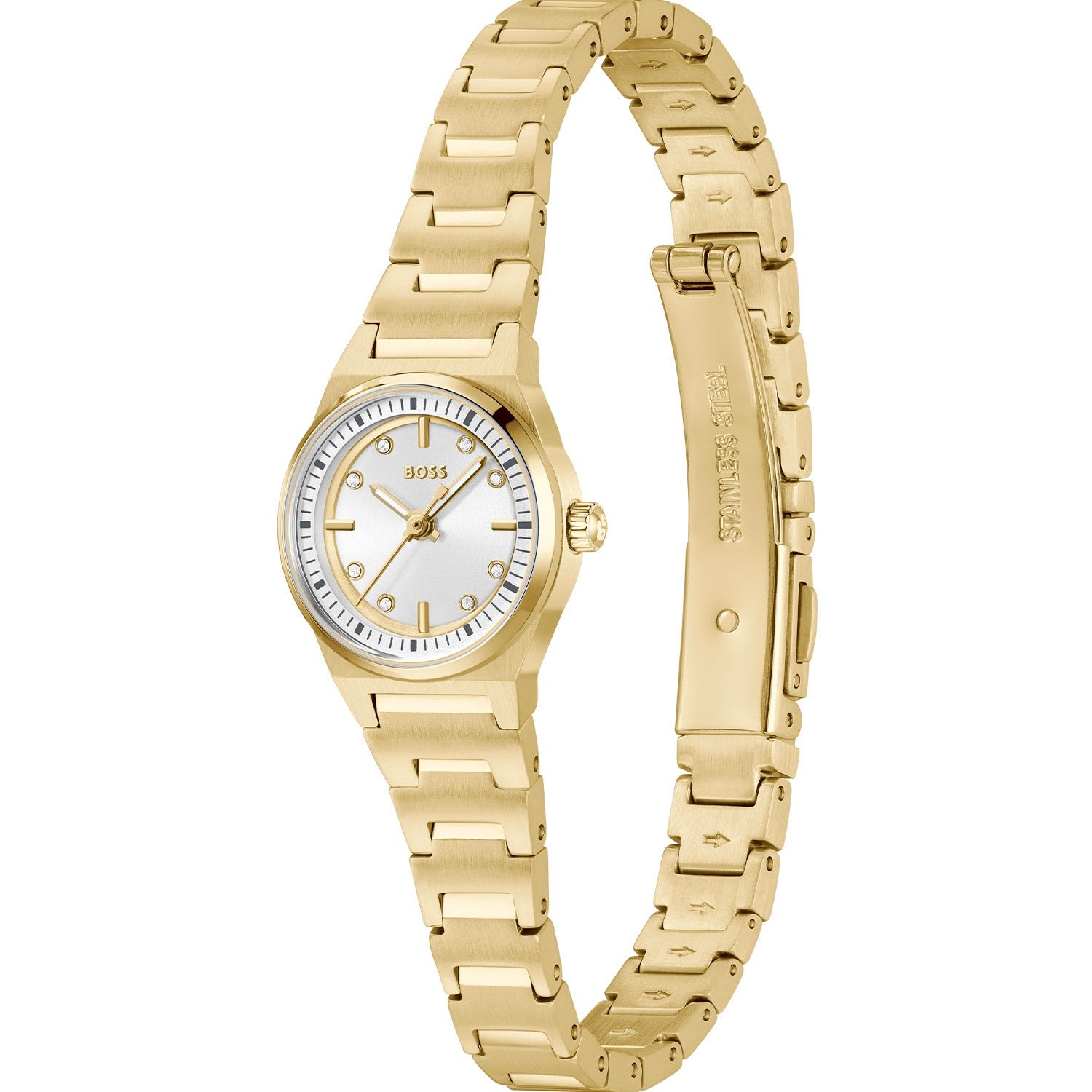 BOSS Damen-Armbanduhr mit goldfarbenem Edelstahlarmband und rundem Gehäuse
