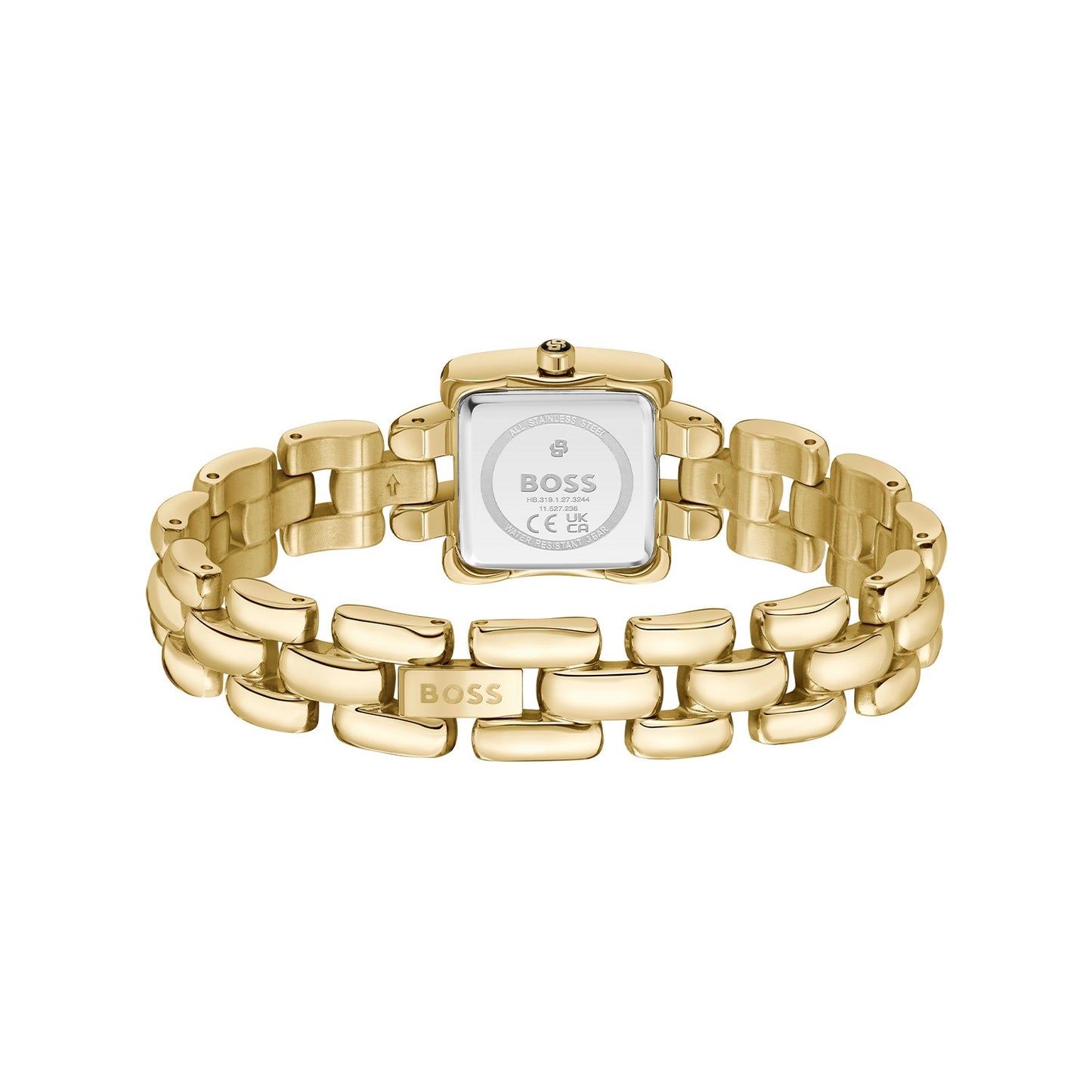 BOSS Damenarmbanduhr mit goldfarbenem Gliederarmband, quadratischem Ziffernblatt