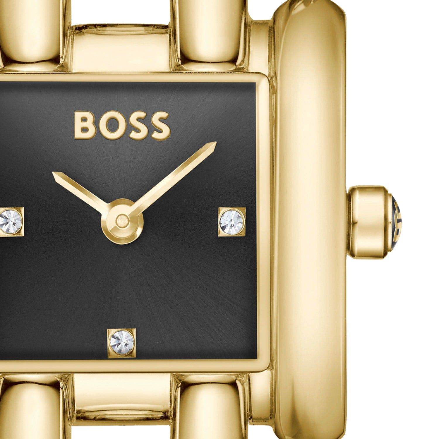 Rechteckiges Ziffernblatt der BOSS Armbanduhr, goldene Zeiger und Steinchen