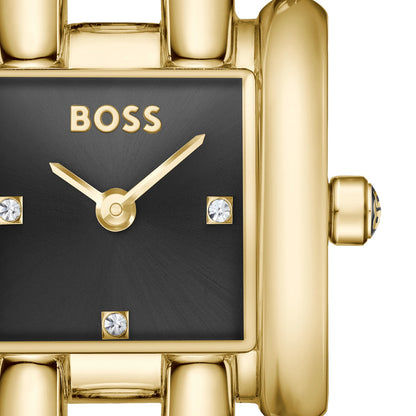 Rechteckiges Ziffernblatt der BOSS Armbanduhr, goldene Zeiger und Steinchen