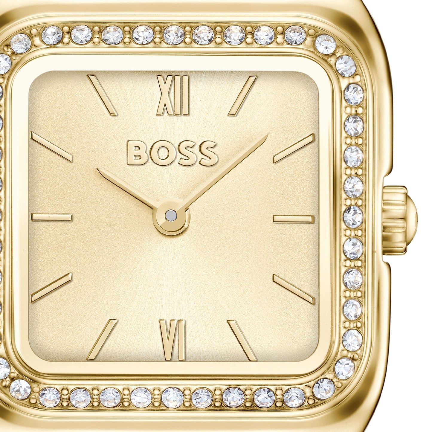Nahansicht der BOSS Uhr: goldenes rechteckiges Zifferblatt mit römischen Ziffern und Steinreihe.