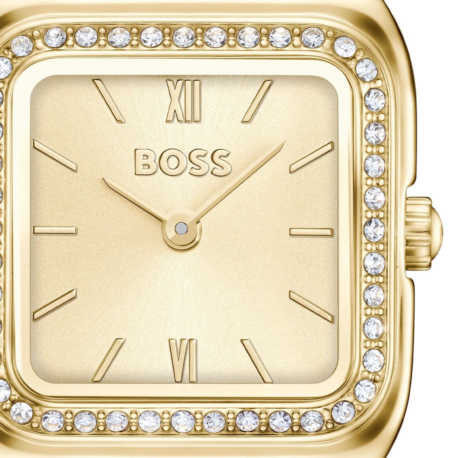 Nahansicht der BOSS Uhr: goldenes rechteckiges Zifferblatt mit römischen Ziffern und Steinreihe.