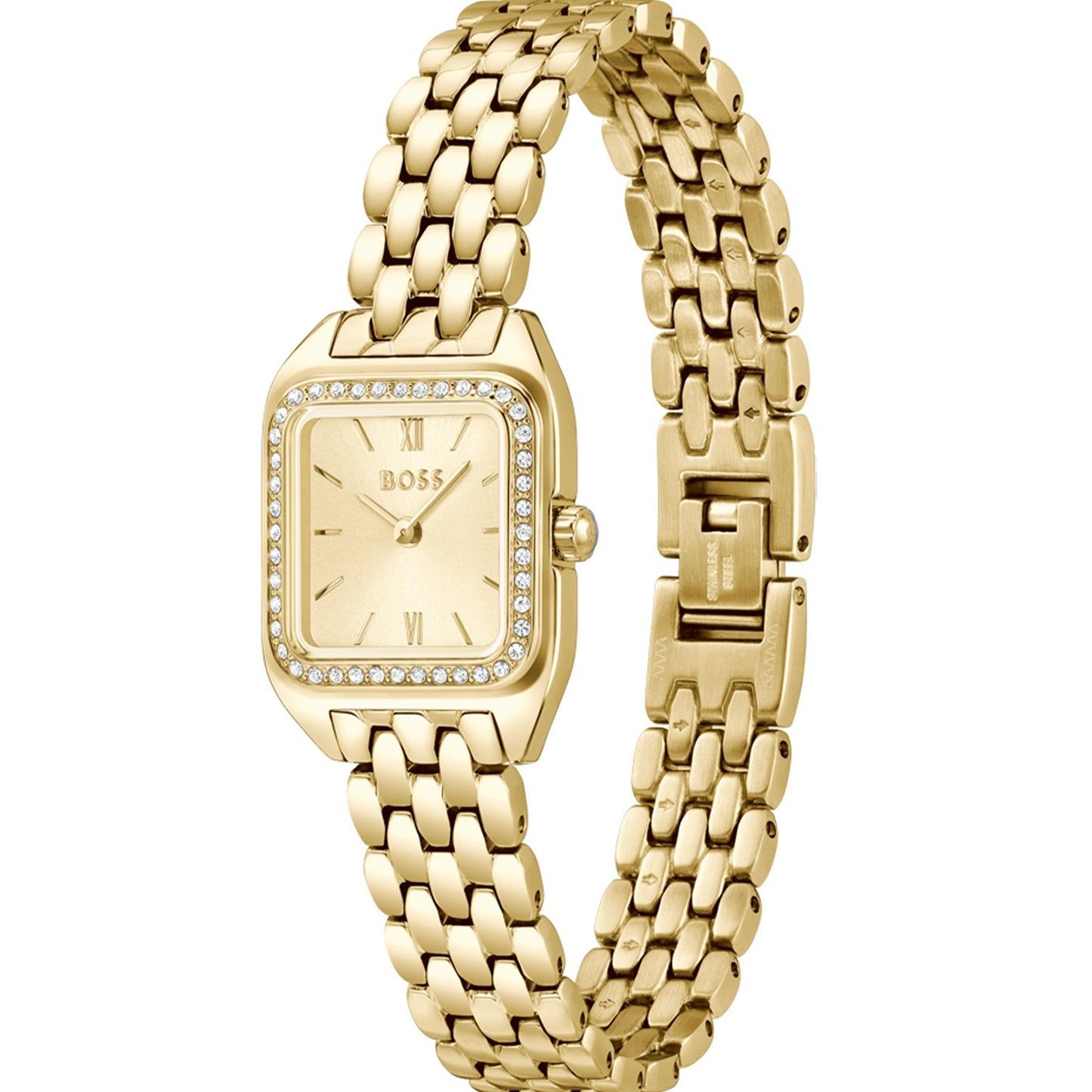 Goldfarbene BOSS Damenarmbanduhr mit rechteckigem Zifferblatt, Steinbesatz am Rand, Gliederarmband.