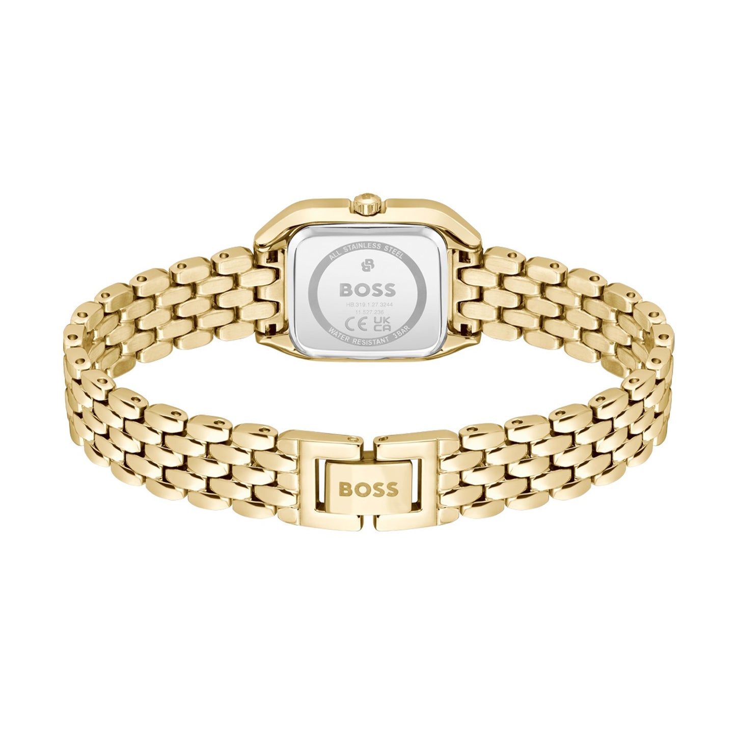Damenarmbanduhr mit goldfarbenem Metallgliederarmband und Schließe, rechteckiges Zifferblatt.