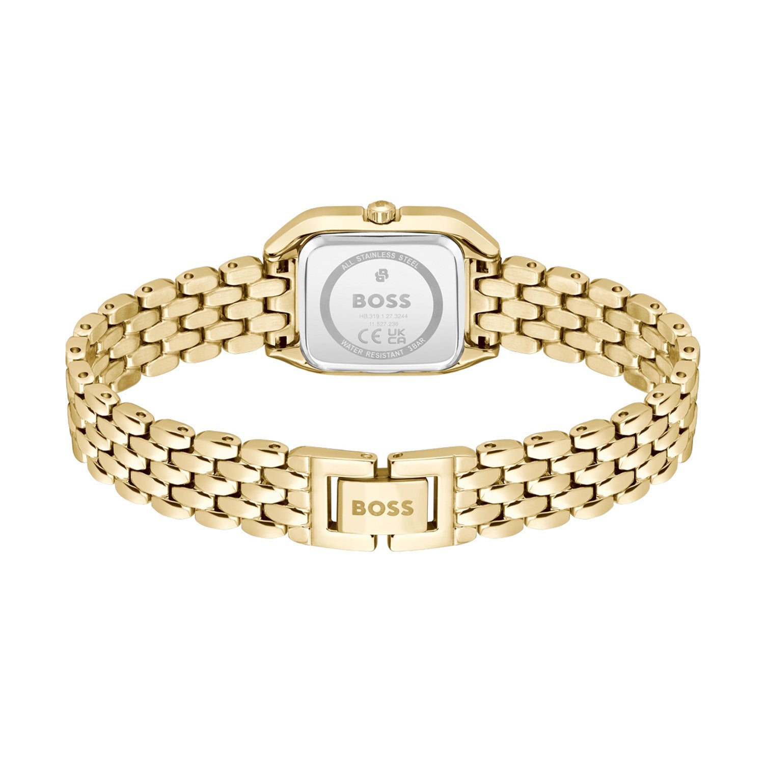 Damenarmbanduhr mit goldfarbenem Metallgliederarmband und Schließe, rechteckiges Zifferblatt.