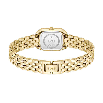 Damenarmbanduhr mit goldfarbenem Metallgliederarmband und Schließe, rechteckiges Zifferblatt.