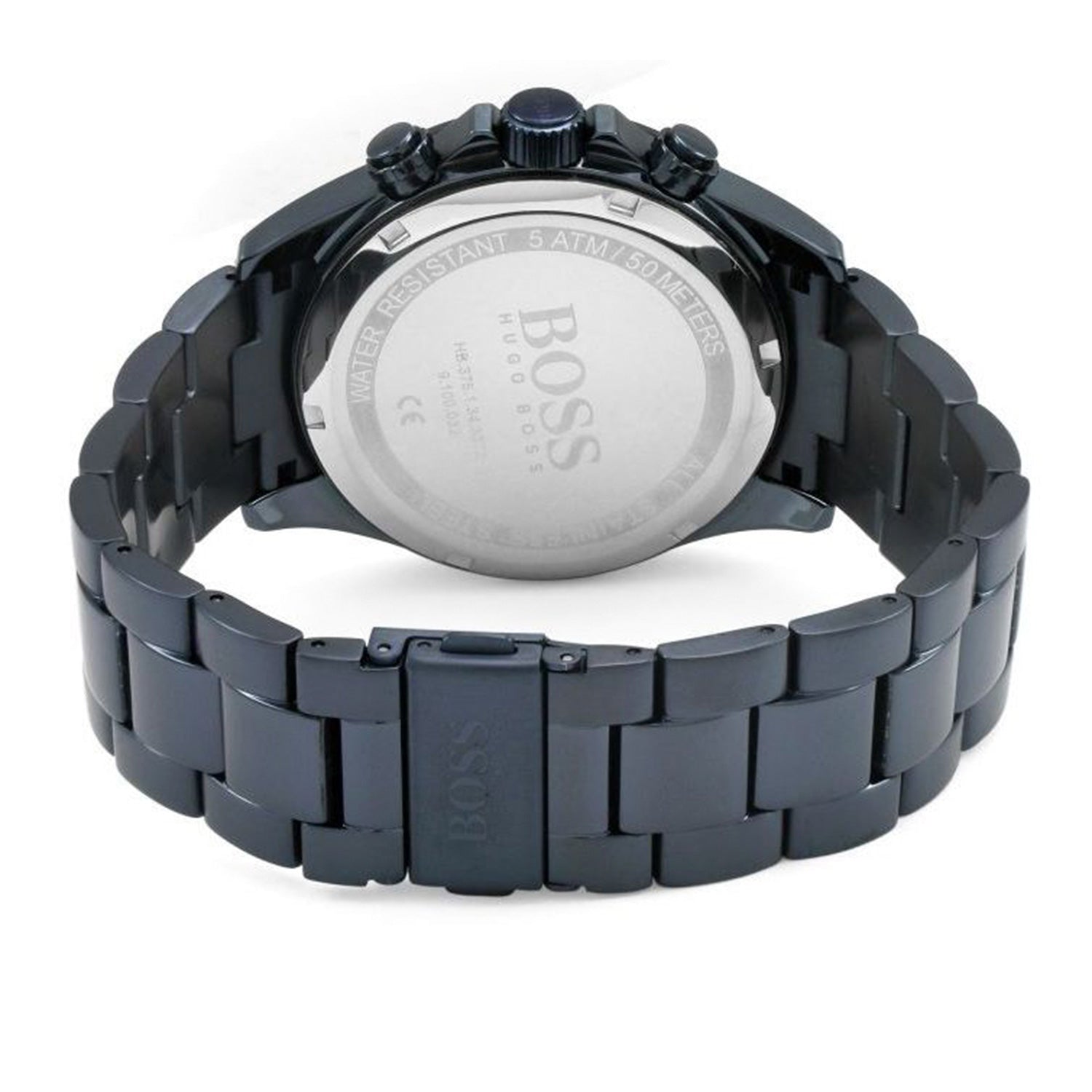 BOSS Hero Sport Chronograph von hinten mit blauem Metallarmband und rundem Gehäuse