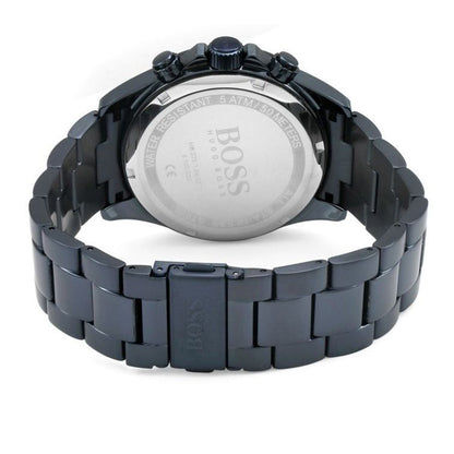 BOSS Hero Sport Chronograph von hinten mit blauem Metallarmband und rundem Gehäuse