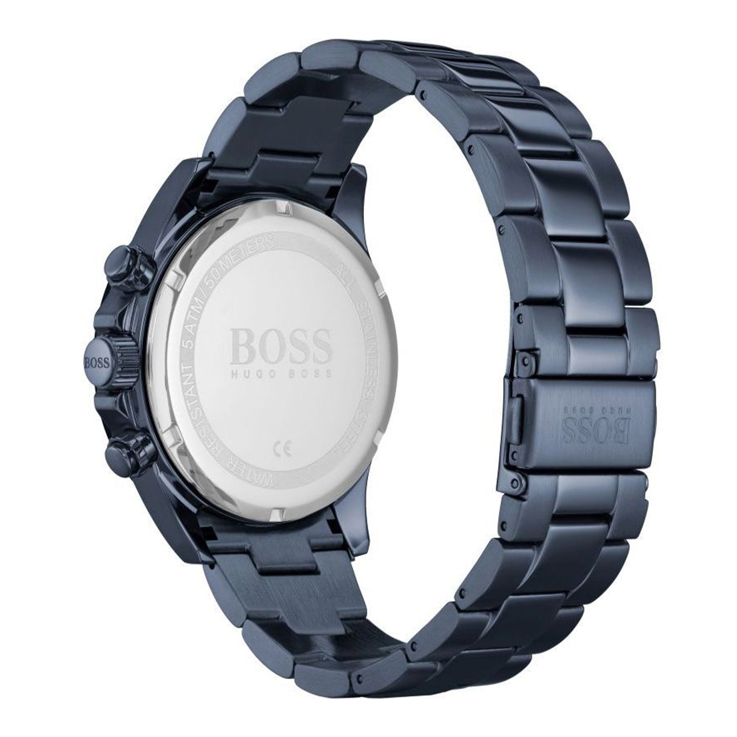 BOSS Hero Sport Chronograph Seitenansicht mit blauem Metallarmband und Gehäuse