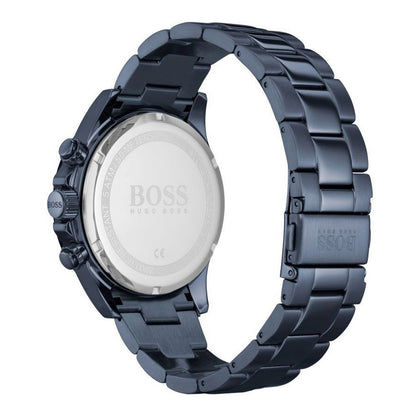 BOSS Hero Sport Chronograph Seitenansicht mit blauem Metallarmband und Gehäuse
