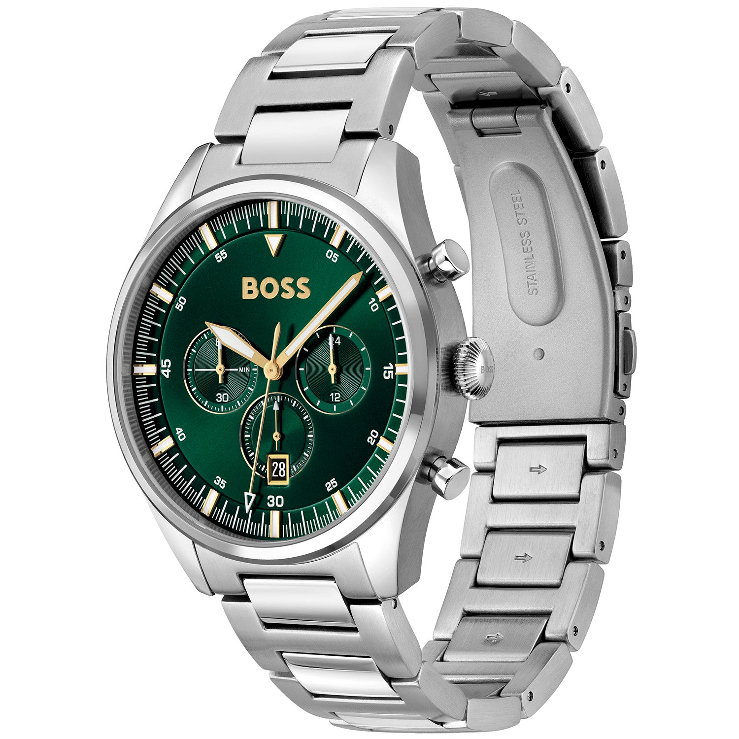 BOSS Pioneer Chronograph Quarz mit silbernem Gehäuse, grünem Zifferblatt und Edelstahlband