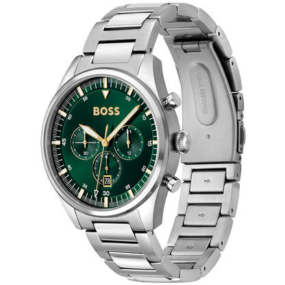 BOSS Pioneer Chronograph Quarz mit silbernem Gehäuse, grünem Zifferblatt und Edelstahlband