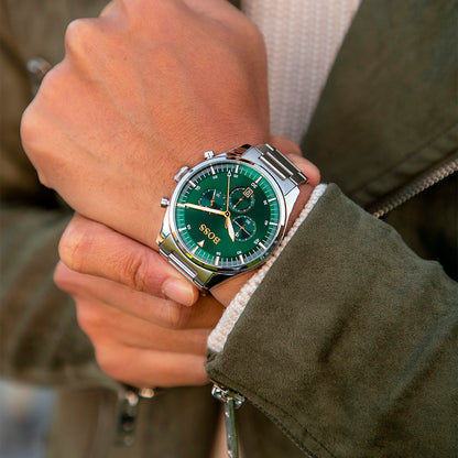 BOSS Pioneer Herren-Chronograph am Handgelenk, grünes Zifferblatt, Edelstahlarmband