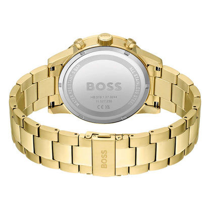Goldfarbener Gehäuseboden der Herrenarmbanduhr mit BOSS-Schriftzug
