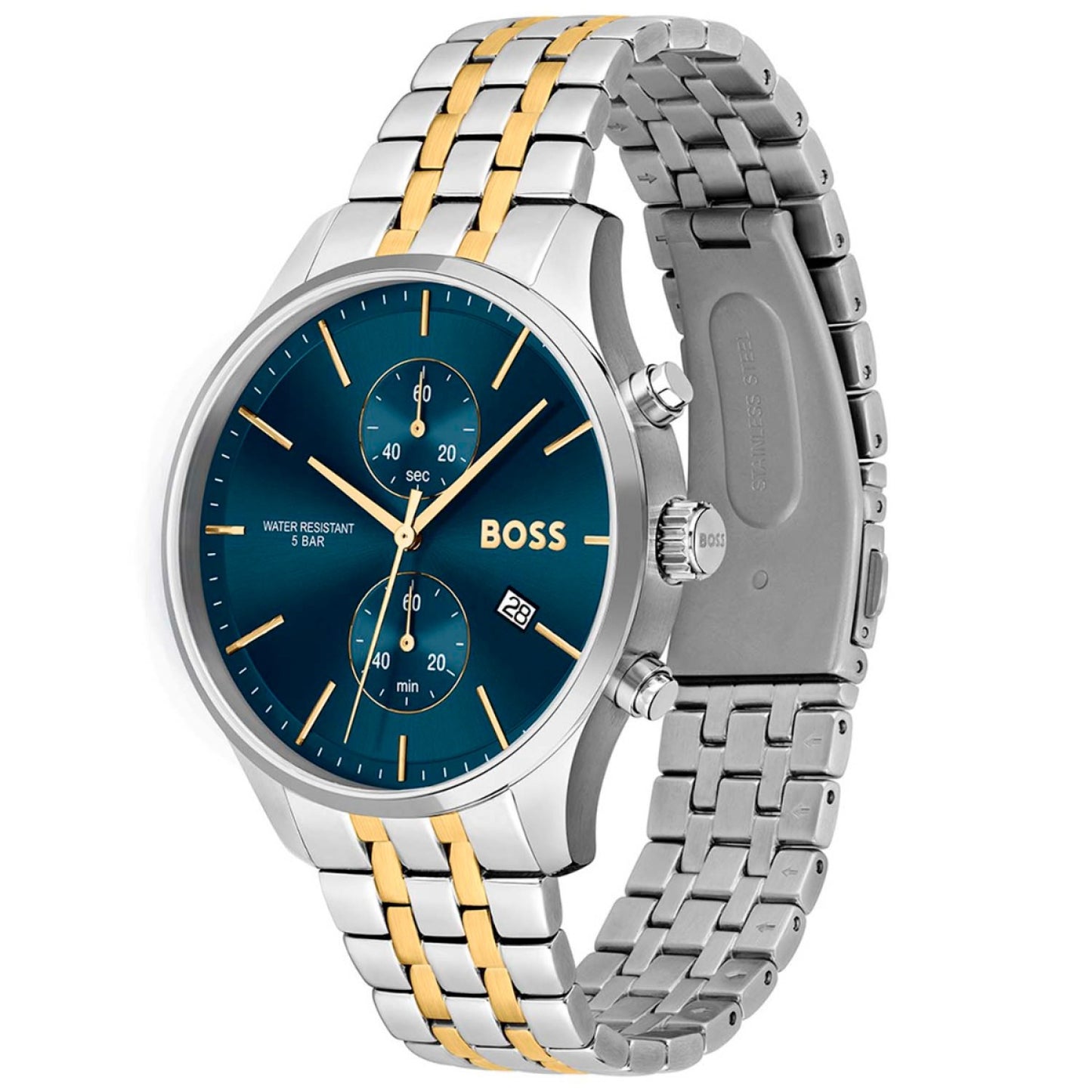 BOSS Herrenarmbanduhr mit blauem Zifferblatt, zwei Zählern und Datum, zweifarbigem Band