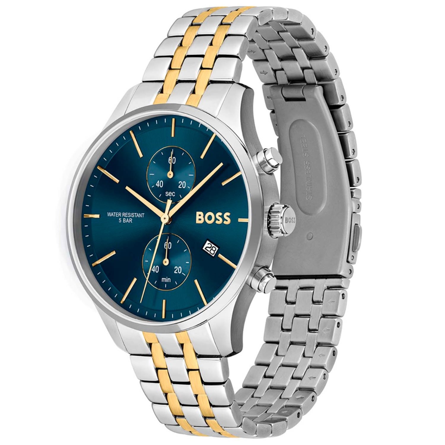 BOSS Herrenarmbanduhr mit blauem Zifferblatt, zwei Zählern und Datum, zweifarbigem Band