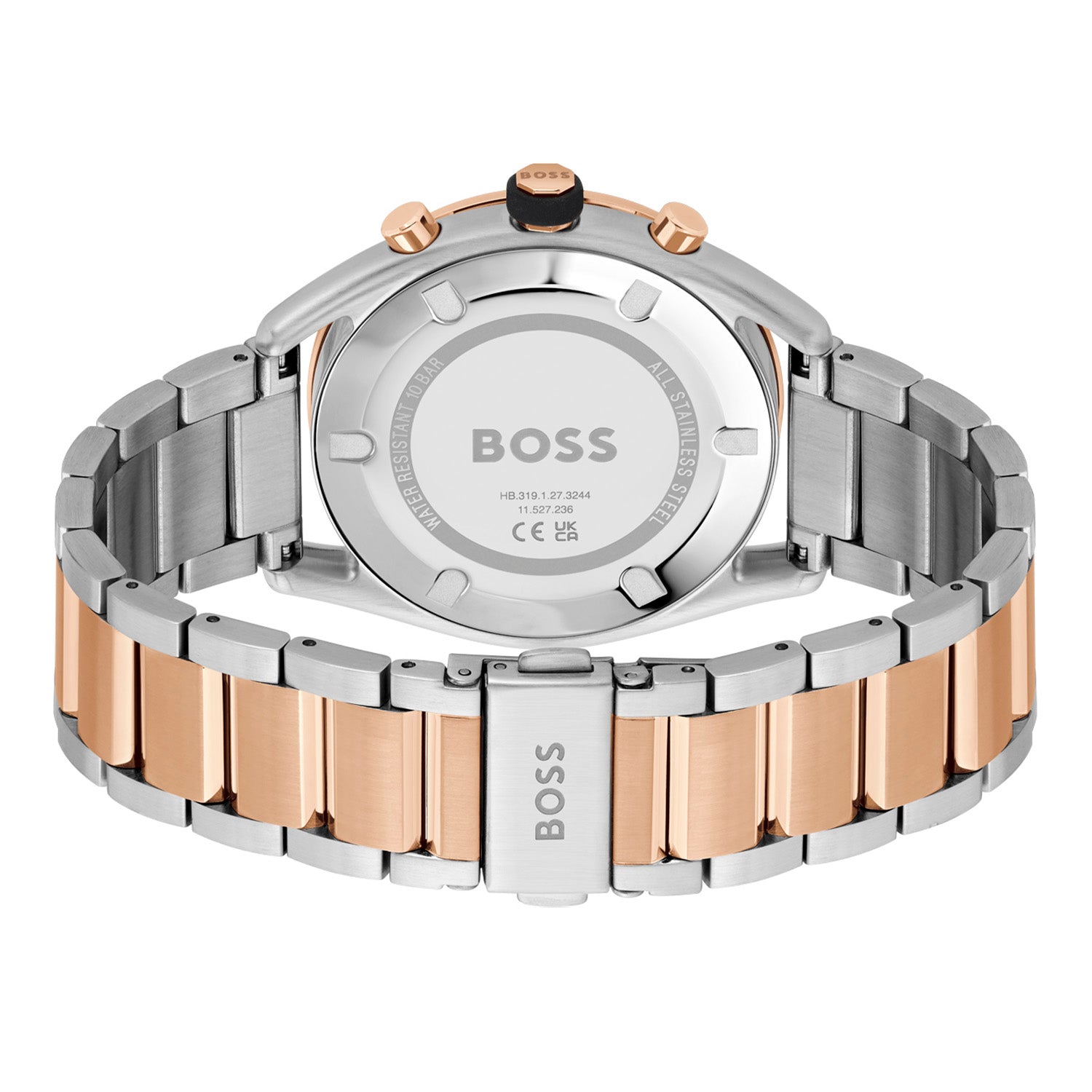 Rückseite der Herrenarmbanduhr BOSS mit Edelstahl-Gliederband, Bicolor-Elementen