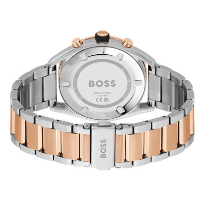 Rückseite der Herrenarmbanduhr BOSS mit Edelstahl-Gliederband, Bicolor-Elementen