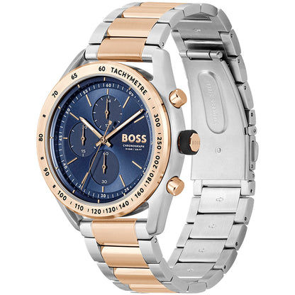 Bicolor Herrenarmbanduhr BOSS mit blauem Zifferblatt und Chronograph-Subdials