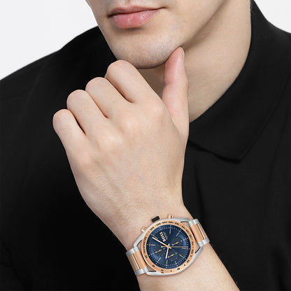Herrenarmbanduhr BOSS: blaues Chronograph-Zifferblatt, bicolor Gliederarmband