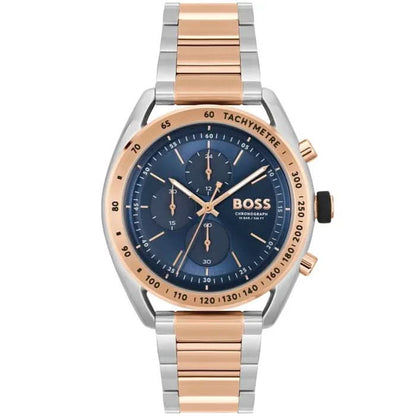 Herrenarmbanduhr mit blauem Zifferblatt und Chronograph, bicolor Gliederarmband.