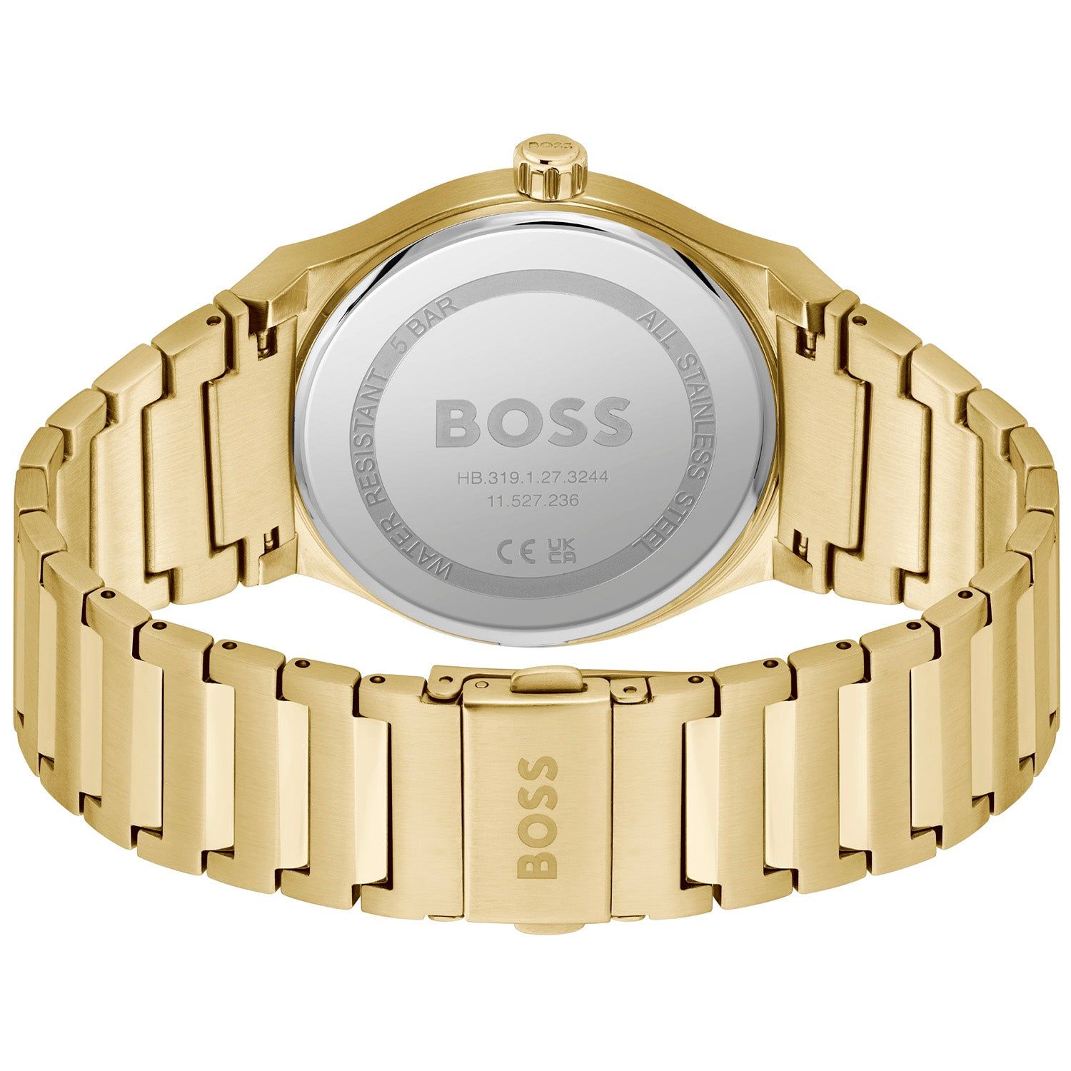 Rückseite einer goldfarbenen Damenarmbanduhr mit BOSS Aufdruck und Metallarmband