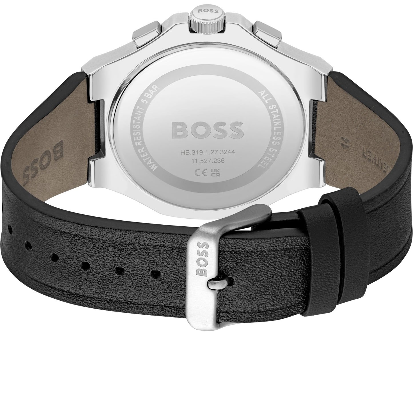 Rückansicht: schwarze Herren-Armbanduhr mit Lederarmband, Metallgehäuse und Faltschließe
