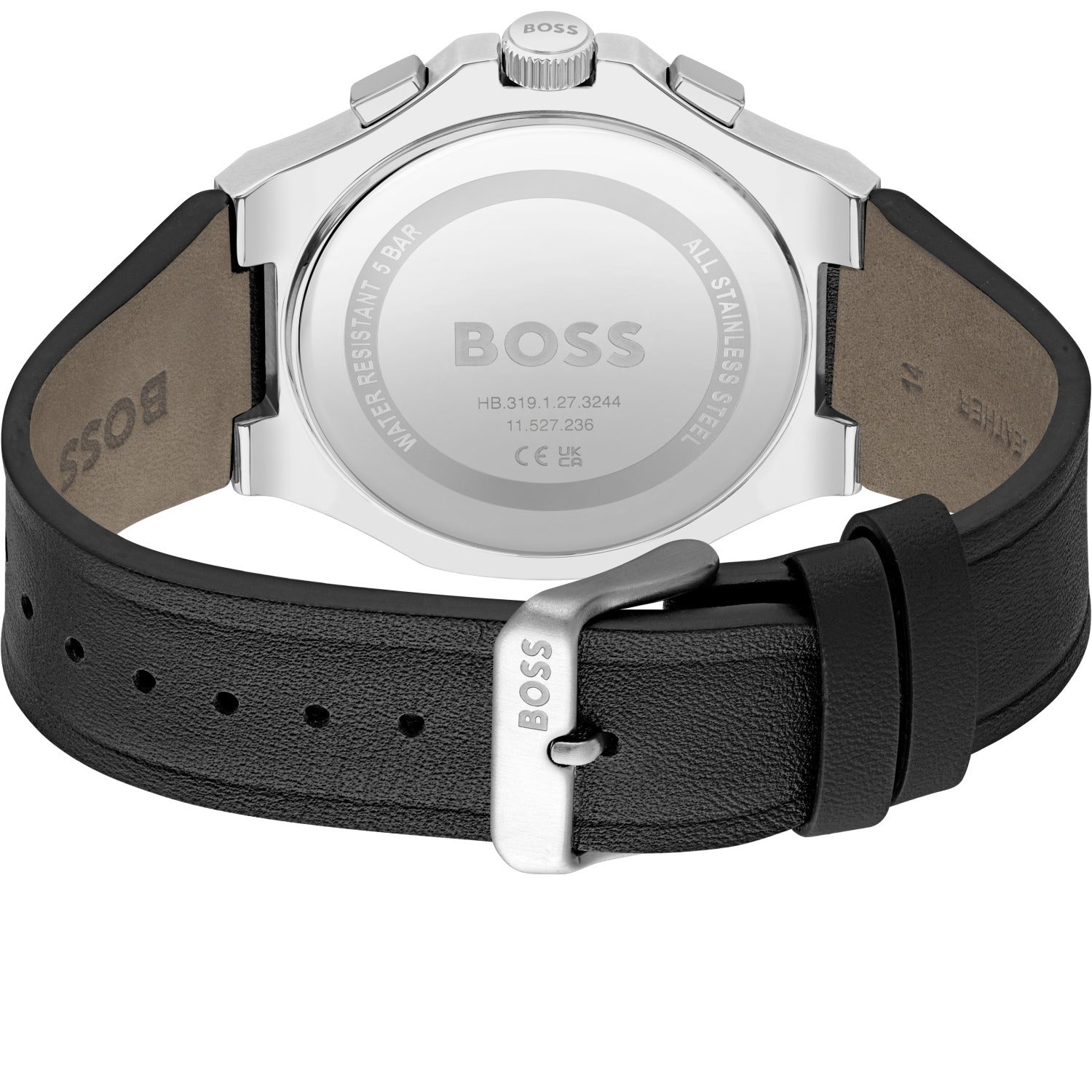 Rückansicht: schwarze Herren-Armbanduhr mit Lederarmband, Metallgehäuse und Faltschließe