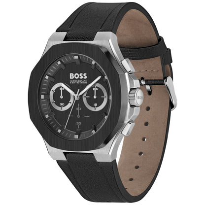Schwarze Herren-Armbanduhr mit Chronographen-Zifferblatt, schwarzem Lederband und Metallgehäuse