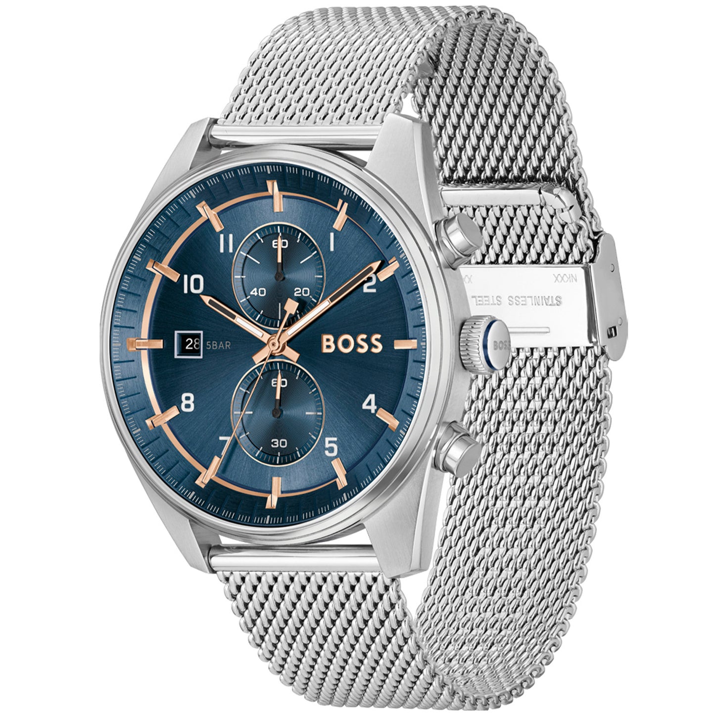 BOSS Herrenarmbanduhr mit blauem Ziffernblatt, Chronograph und Edelstahl-Mesh-Armband