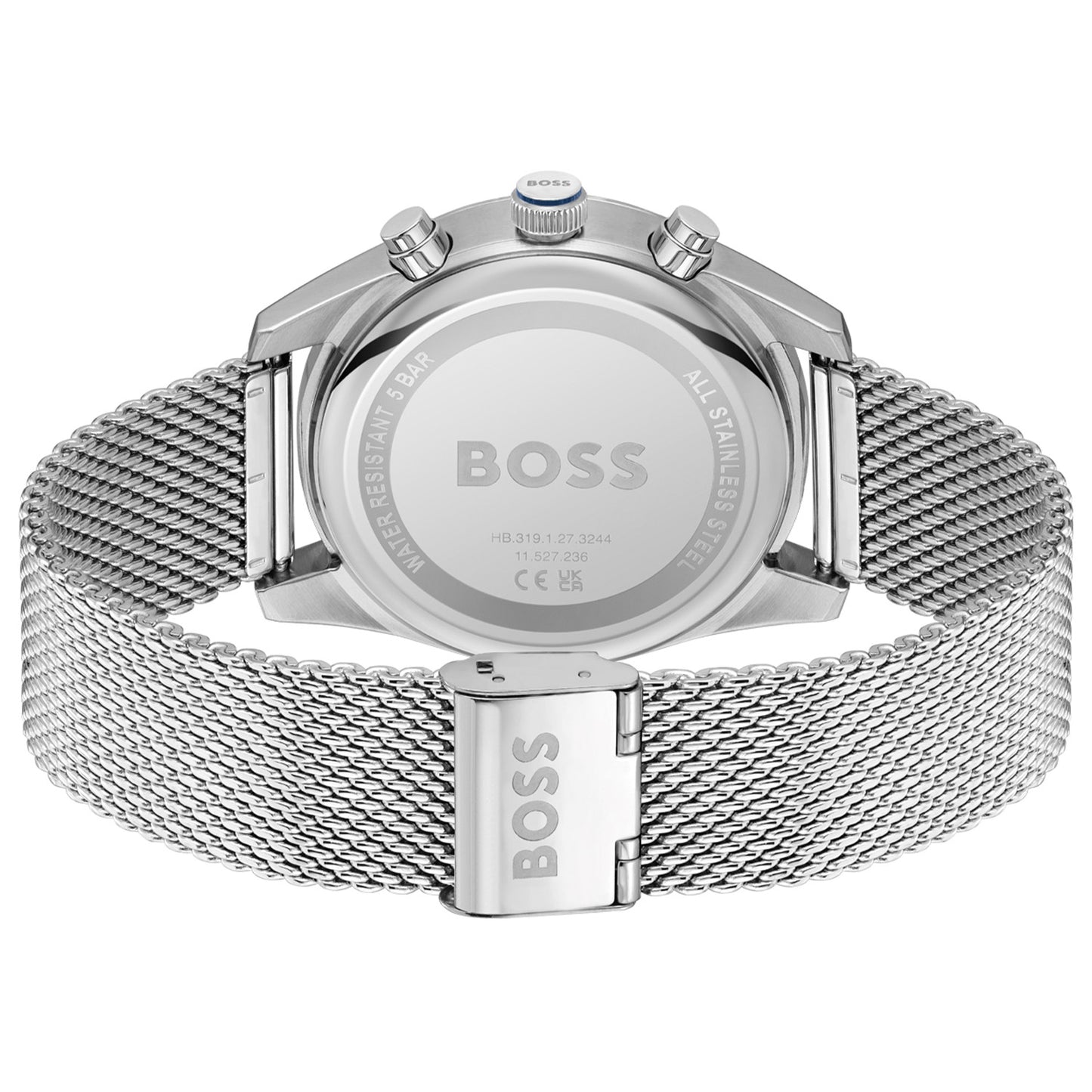 BOSS Herrenarmbanduhr Rückseite mit Edelstahl-Mesh-Armband und silbernem Gehäuse