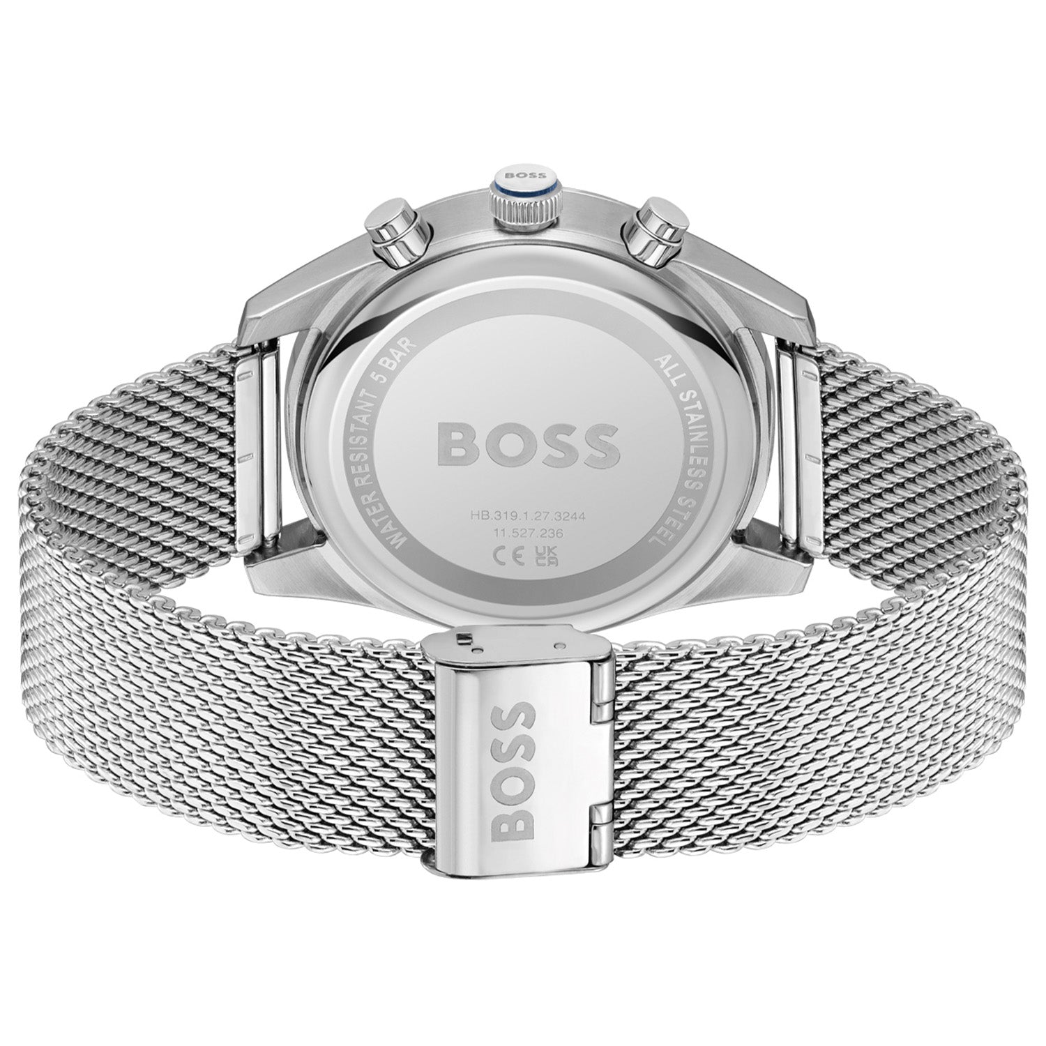BOSS Herrenarmbanduhr Rückseite mit Edelstahl-Mesh-Armband und silbernem Gehäuse