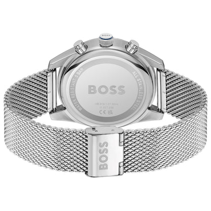 BOSS Herrenarmbanduhr Rückseite mit Edelstahl-Mesh-Armband und silbernem Gehäuse